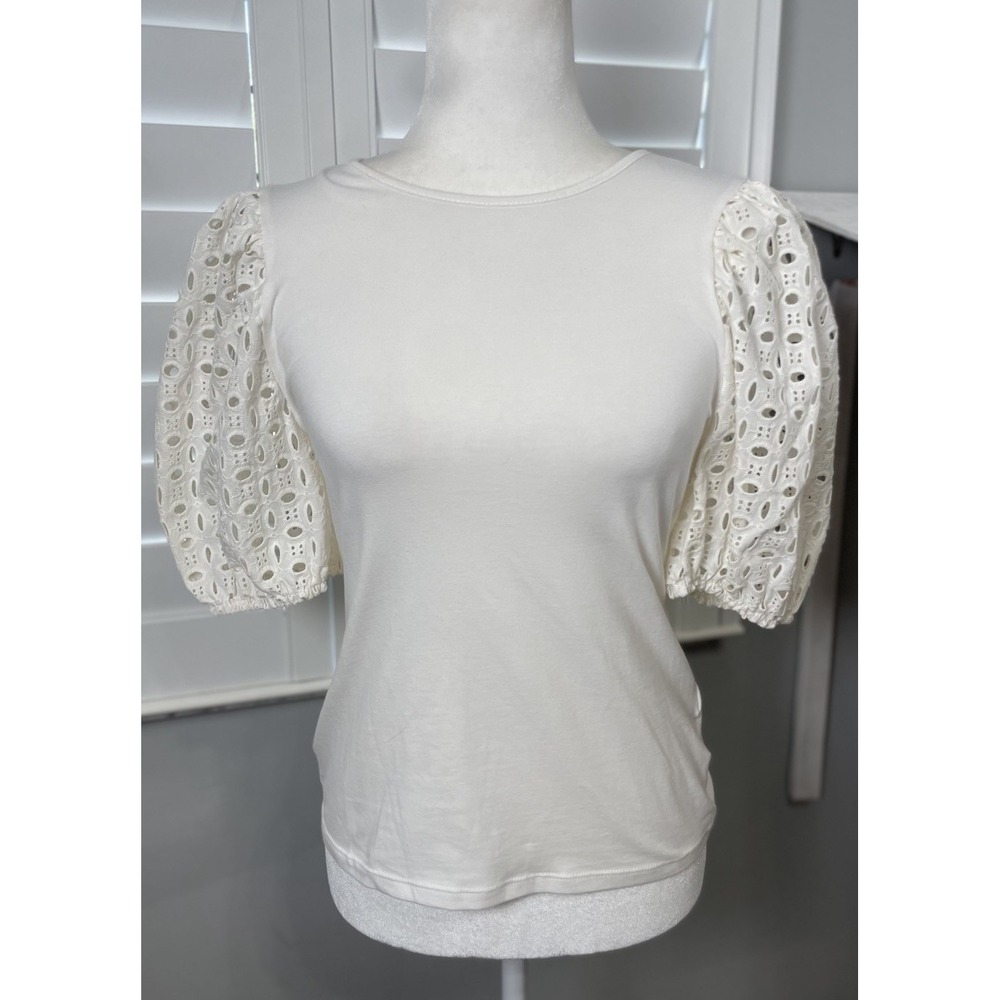H&M eyelet embroidered Top Puff Sleeve Blouse Shirt Women's Size S Off White